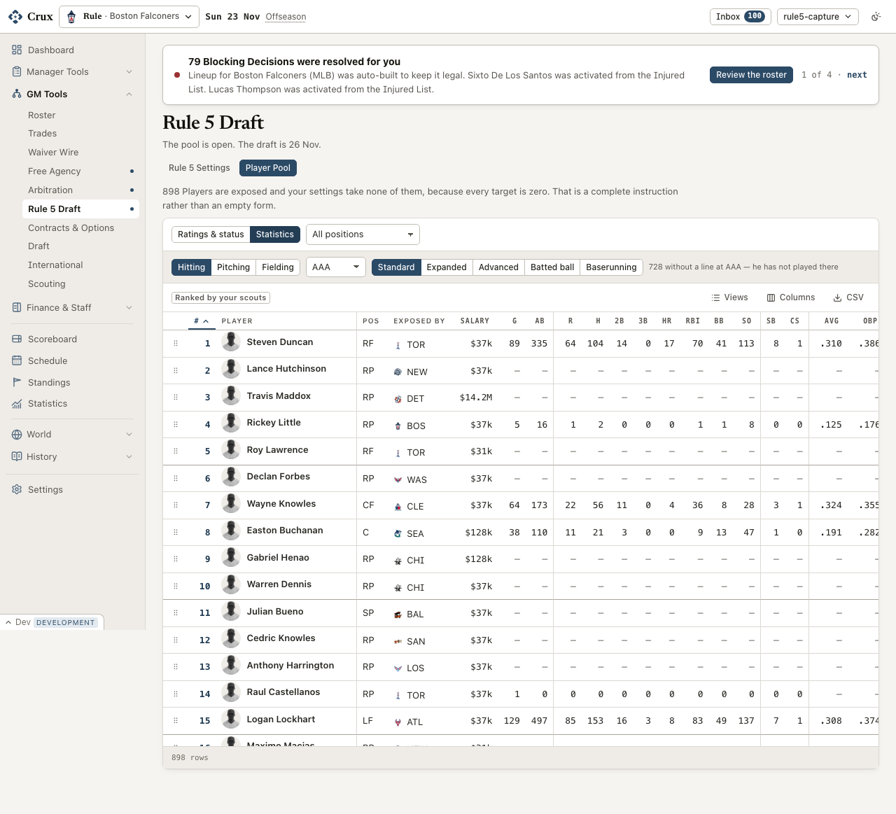 Crux Baseball Rule 5 draft player pool