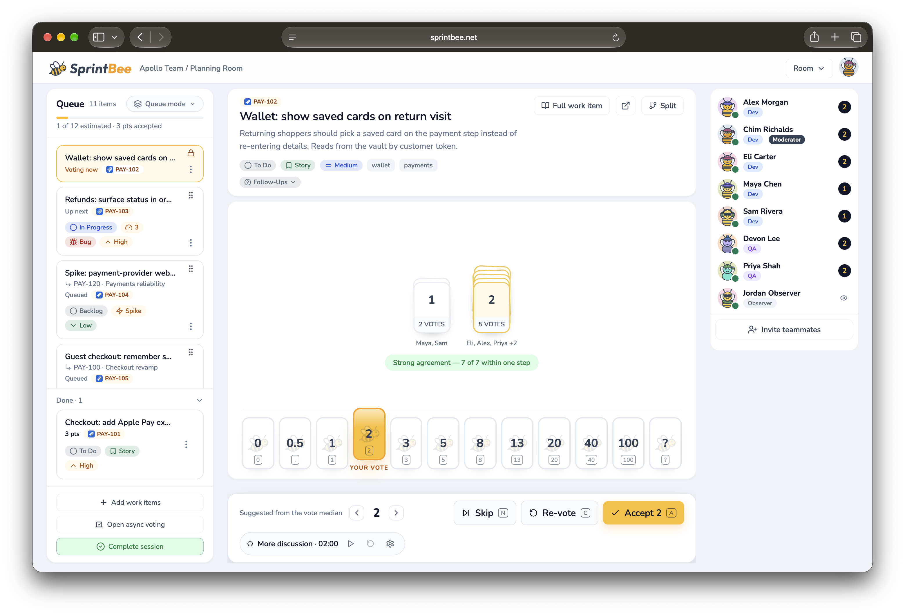 SprintBee planning room showing a completed team vote with the work queue and teammates visible